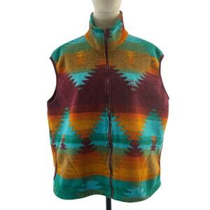 Vintage 90s Southwestern Fleece Vest Wine Aztec Pattern Zip Up Women's Large